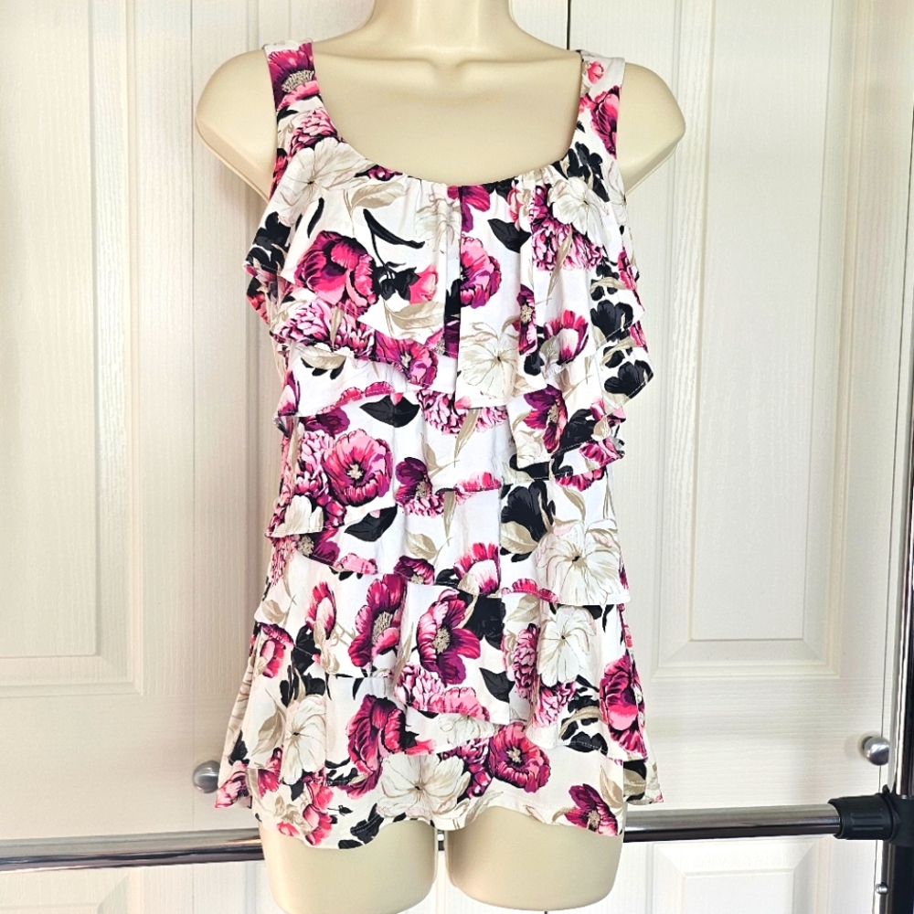 White House Black Market Floral Sleeveless Multi Tier Top Small